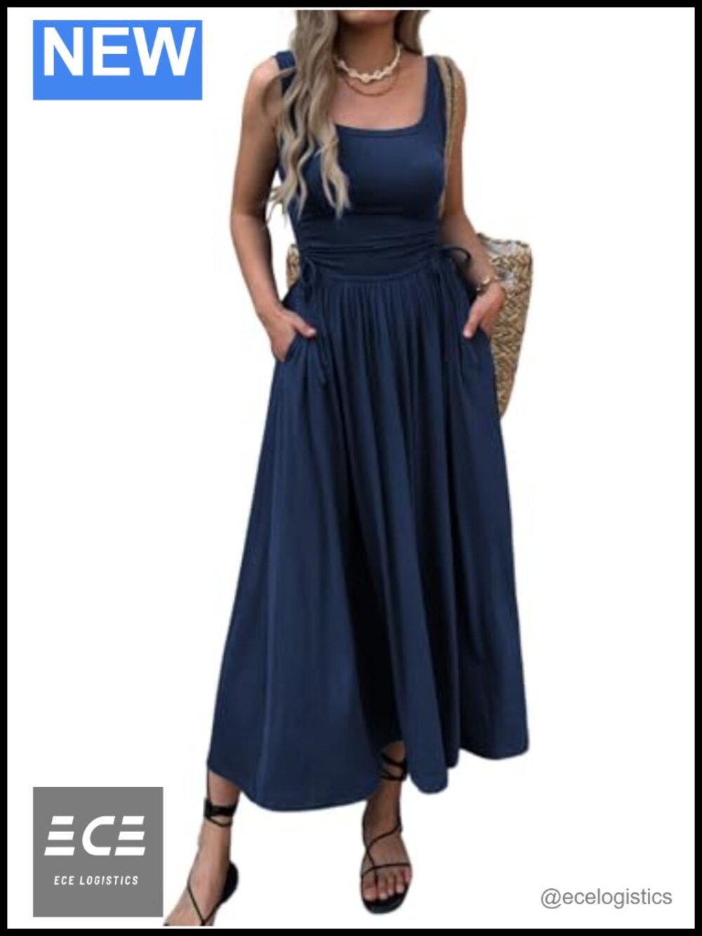 Womens Boho Sleeveless Maxi Dress with Pockets Adjustable Waist A-Line